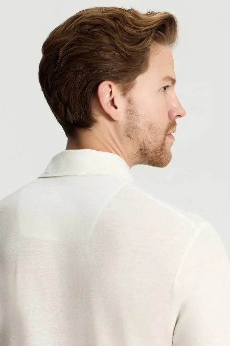 Saf Keten Beyaz Polo Yaka T-Shirt