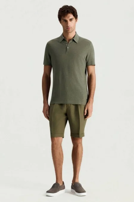 Saf Keten Haki Polo Yaka T-Shirt