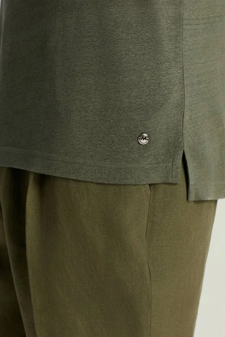 Saf Keten Haki Polo Yaka T-Shirt