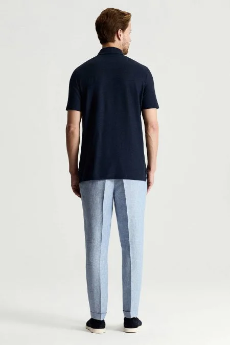 Saf Keten Lacivert Polo Yaka T-Shirt