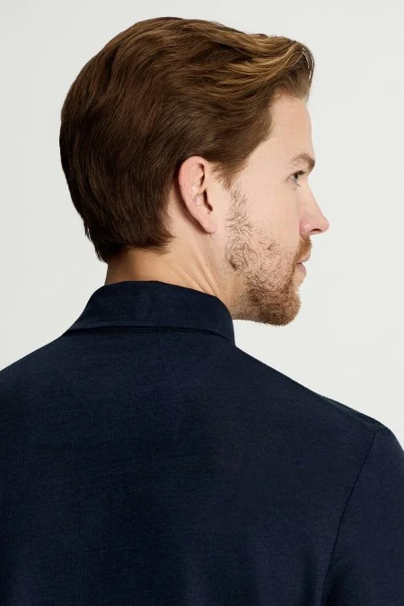Saf Keten Lacivert Polo Yaka T-Shirt