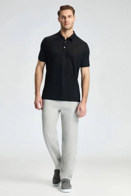 Saf Keten Siyah Polo Yaka T-Shirt