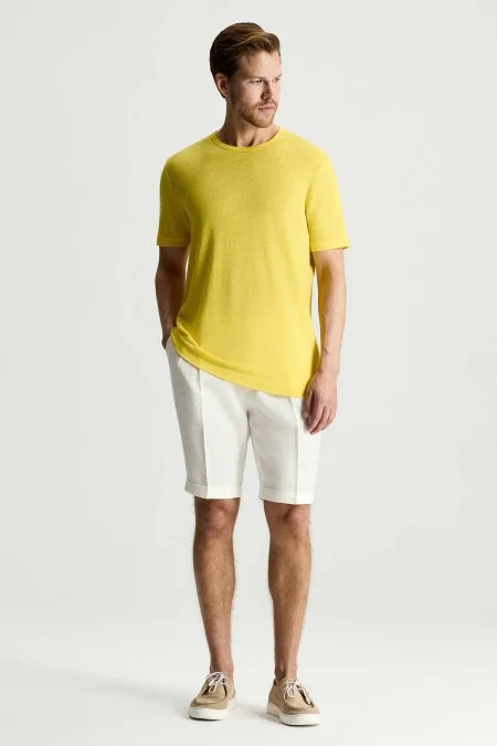 Saf Keten Sarı Bisiklet Yaka T-Shirt