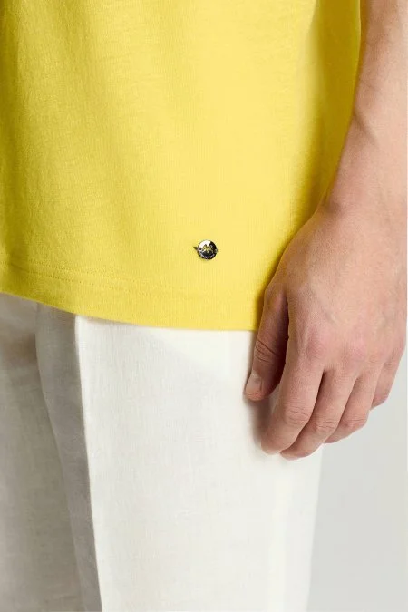 Saf Keten Sarı Bisiklet Yaka T-Shirt