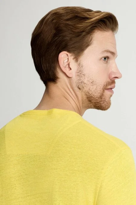 Saf Keten Sarı Bisiklet Yaka T-Shirt