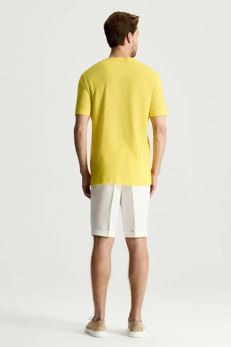 Saf Keten Sarı Bisiklet Yaka T-Shirt