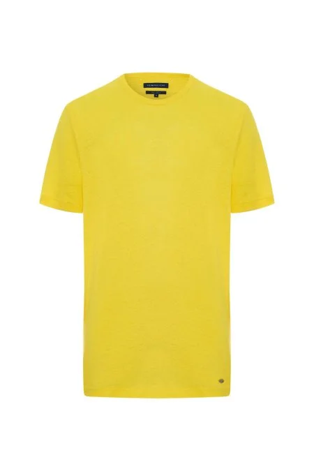Saf Keten Sarı Bisiklet Yaka T-Shirt