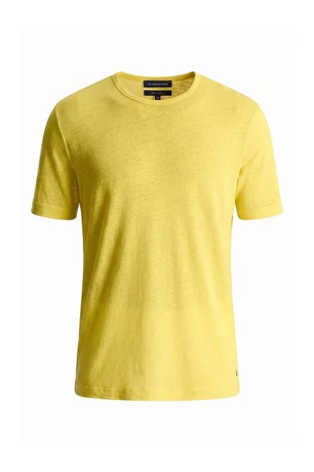 Saf Keten Sarı Bisiklet Yaka T-Shirt