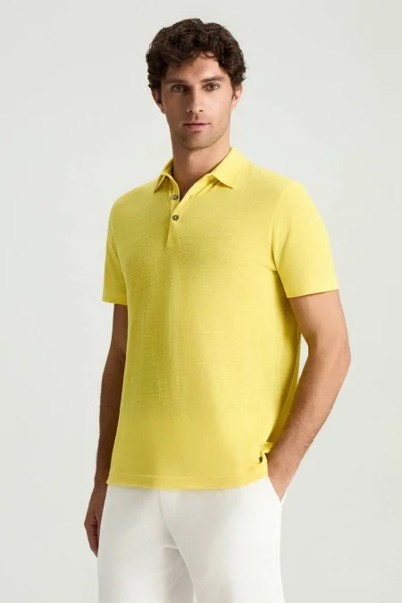 Saf Keten Sarı Polo Yaka T-Shirt