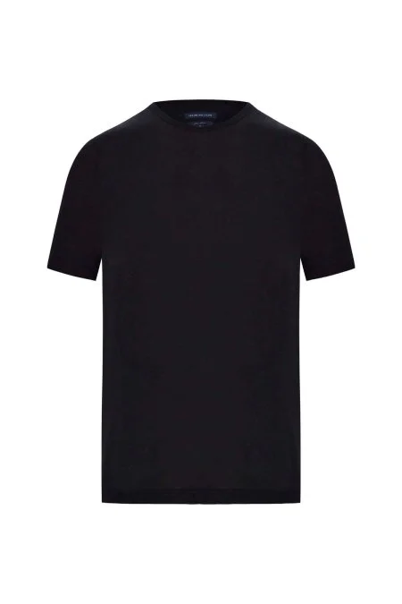 Saf Keten Siyah Bisiklet Yaka T-Shirt