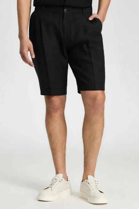 Saf Keten Siyah Pileli Şort