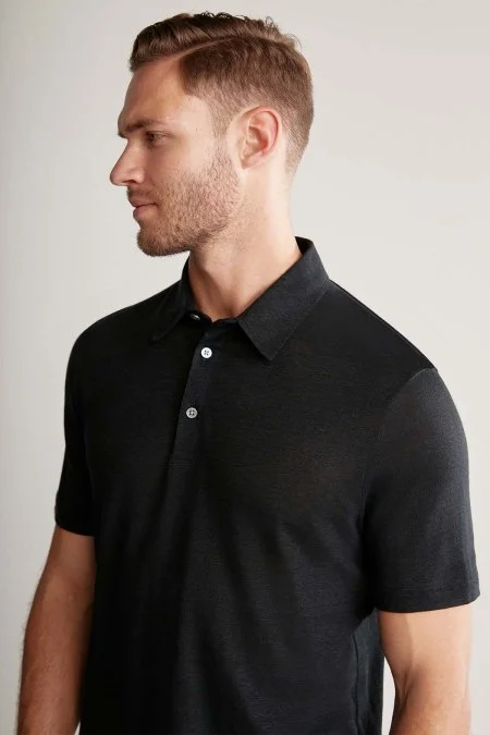 Saf Keten Siyah Polo Yaka T-Shirt