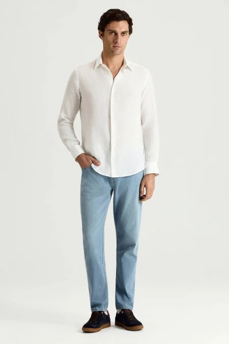 Beyaz Saf Keten Spor Gömlek