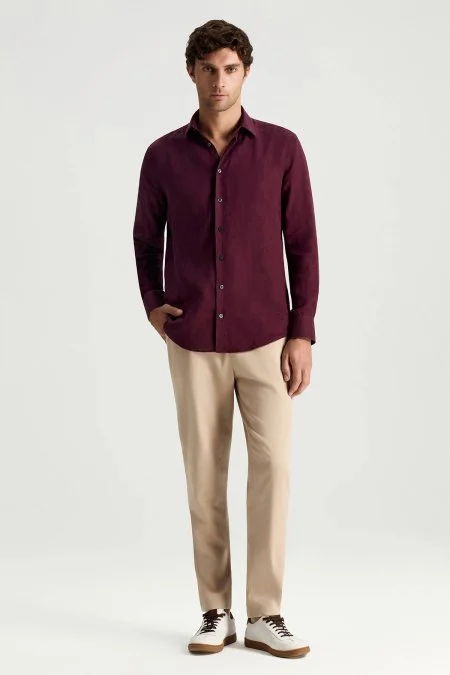 Bordo Saf Keten Spor Gömlek