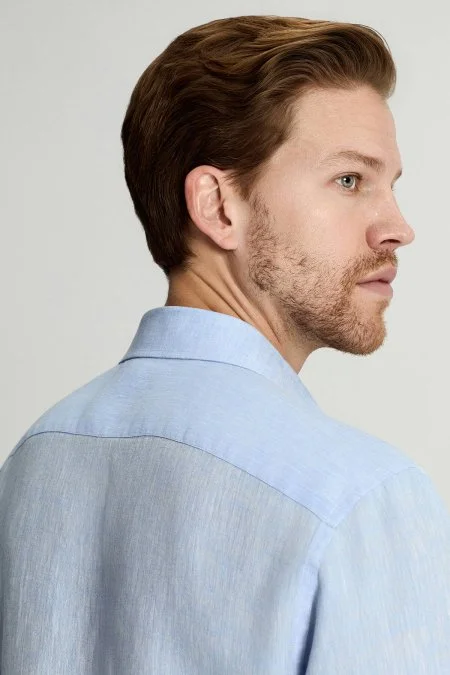 Gök Mavisi Saf Keten Spor Gömlek