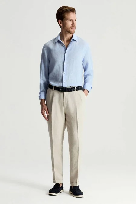 Gök Mavisi Saf Keten Spor Gömlek