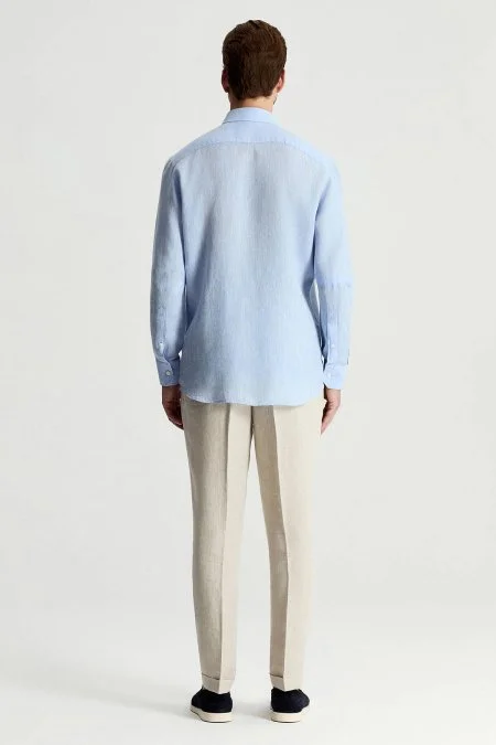 Gök Mavisi Saf Keten Spor Gömlek