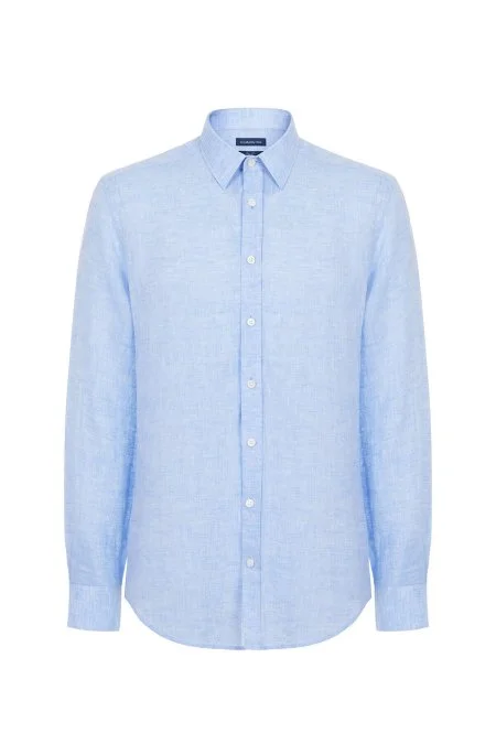 Gök Mavisi Saf Keten Spor Gömlek