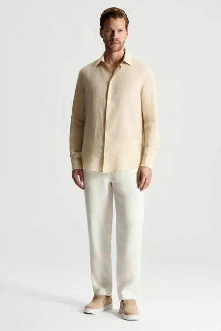 Kum Rengi Saf Keten Spor Gömlek