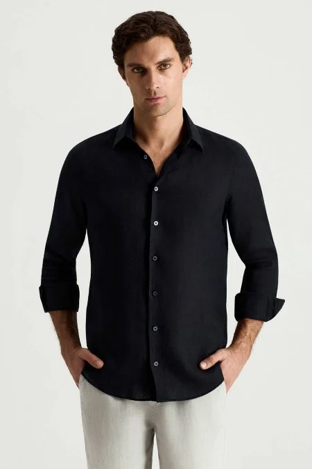 Siyah Saf Keten Spor Gömlek