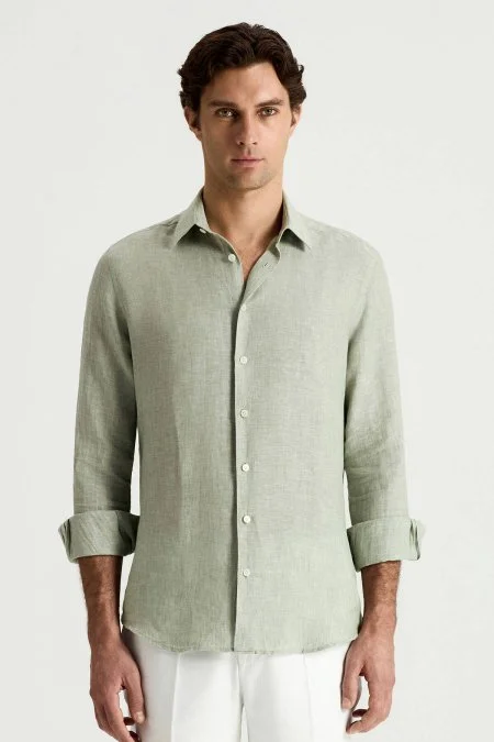 Yeşil Saf Keten Spor Gömlek