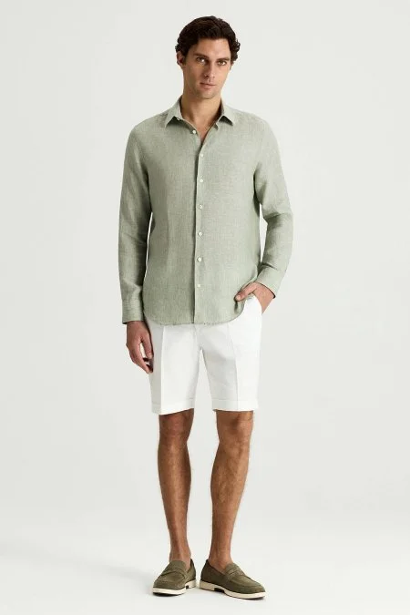 Yeşil Saf Keten Spor Gömlek