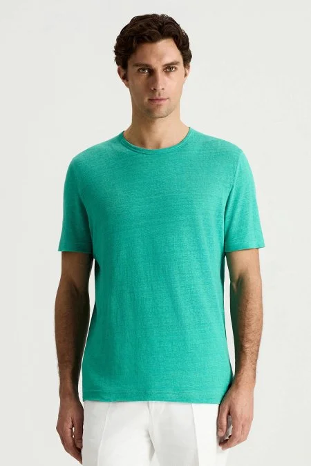 Saf Keten Turkuaz Bisiklet Yaka T-Shirt