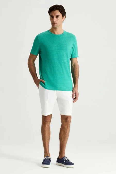 Saf Keten Turkuaz Bisiklet Yaka T-Shirt