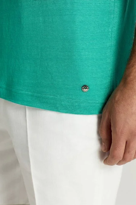 Saf Keten Turkuaz Bisiklet Yaka T-Shirt