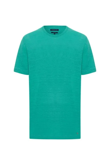 Saf Keten Turkuaz Bisiklet Yaka T-Shirt