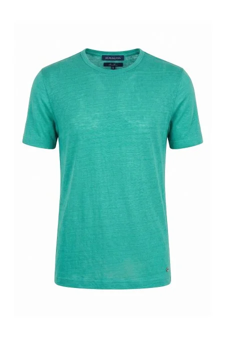 Saf Keten Turkuaz Bisiklet Yaka T-Shirt