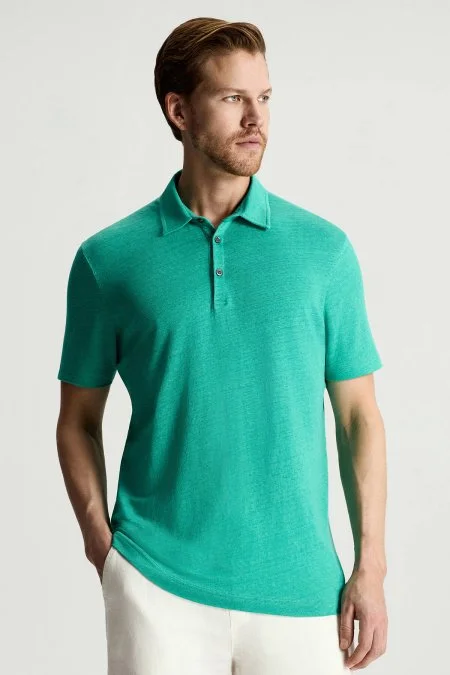 Saf Keten Turkuaz Polo Yaka T-Shirt