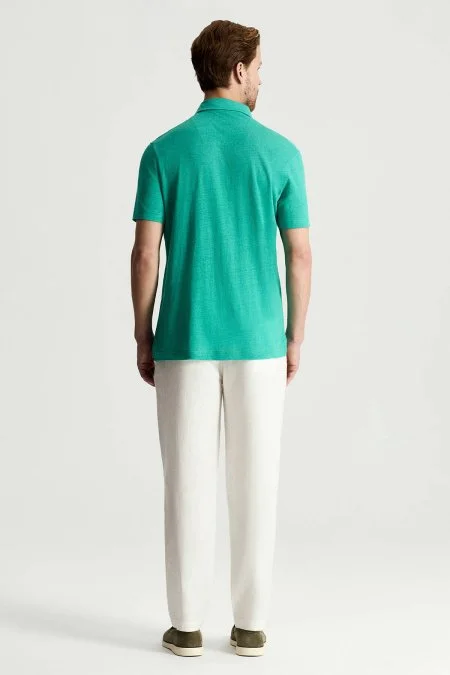 Saf Keten Turkuaz Polo Yaka T-Shirt