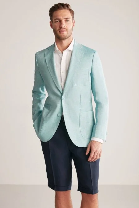 Saf Keten Turkuaz Yazlık Blazer Ceket