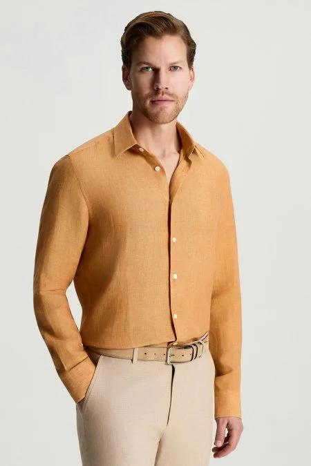 Turuncu Saf Keten Spor Gömlek