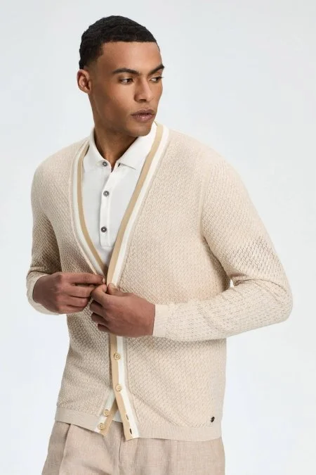 Saf Pamuk Açık Bej Triko Hırka