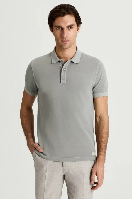 Saf Pamuk Açık Gri Polo Yaka T-Shirt