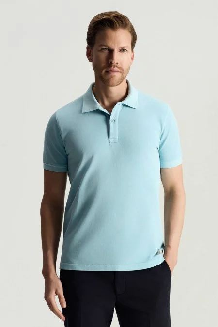 Saf Pamuk Açık Mavi Polo Yaka T-Shirt