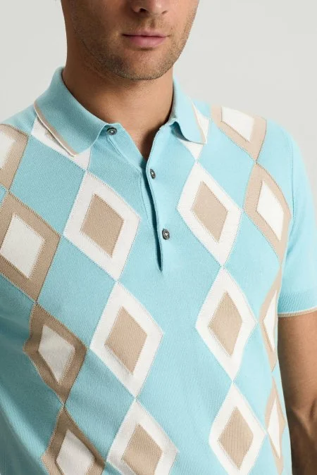 Saf Pamuk Argyle Desen Açık Mavi-Bej Triko Polo