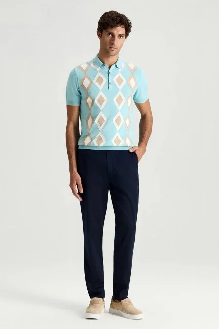 Saf Pamuk Argyle Desen Açık Mavi-Bej Triko Polo