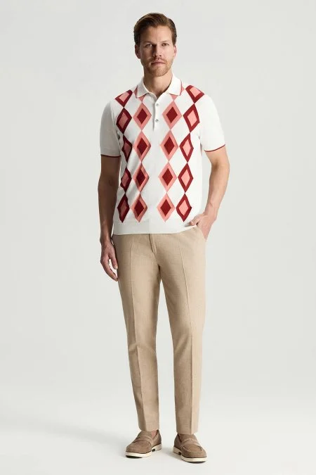 Saf Pamuk Argyle Desen Beyaz-Bordo Triko Polo