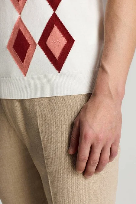 Saf Pamuk Argyle Desen Beyaz-Bordo Triko Polo