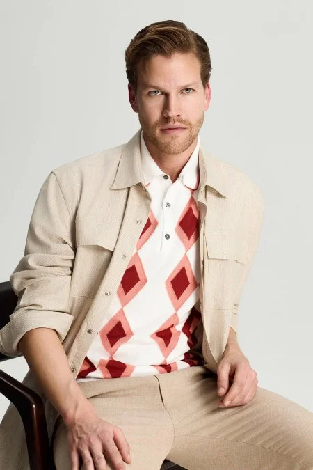 Saf Pamuk Argyle Desen Beyaz-Bordo Triko Polo