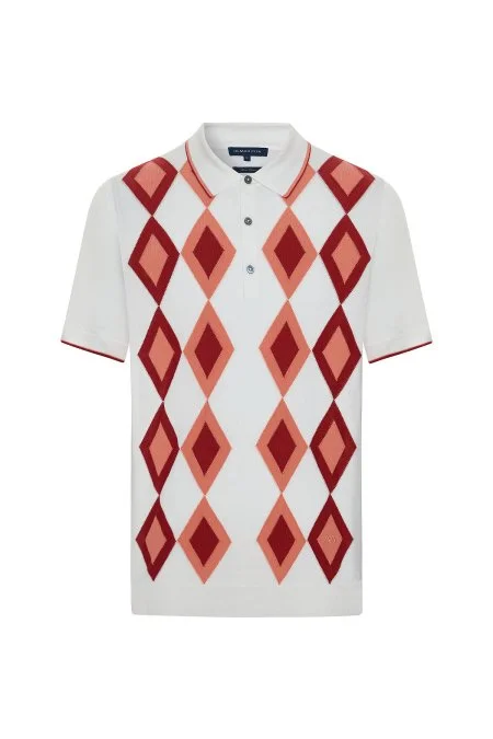 Saf Pamuk Argyle Desen Beyaz-Bordo Triko Polo