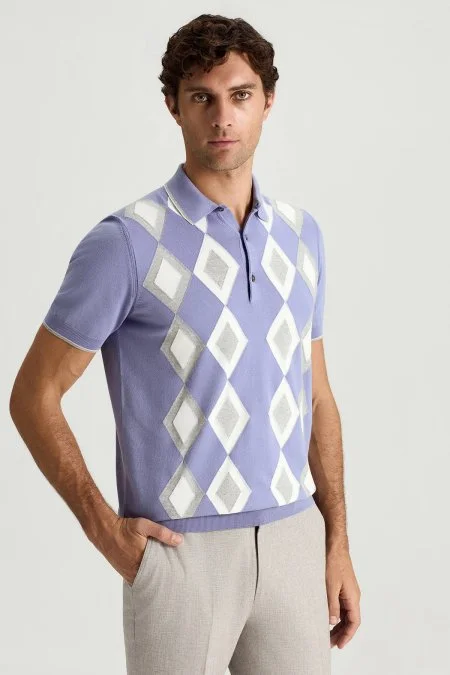 Saf Pamuk Argyle Desen Mor-Açık Gri Triko Polo