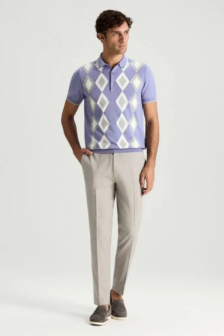 Saf Pamuk Argyle Desen Mor-Açık Gri Triko Polo