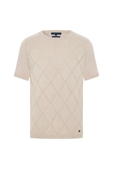 Saf Pamuk Argyle Örme Desen Bisiklet Yaka Bej Triko T-Shirt