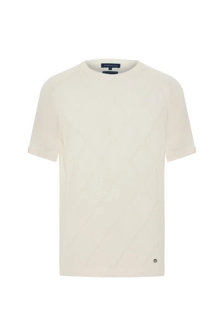 Saf Pamuk Argyle Örme Desen Bisiklet Yaka Beyaz Triko T-Shirt