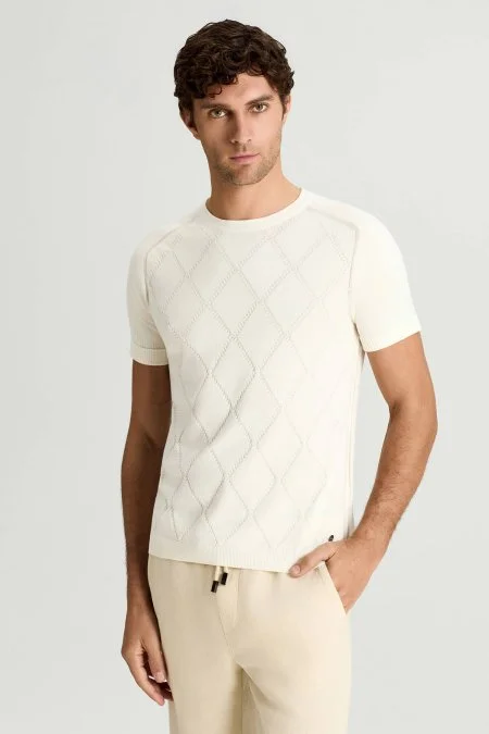 Saf Pamuk Argyle Örme Desen Bisiklet Yaka Beyaz Triko T-Shirt