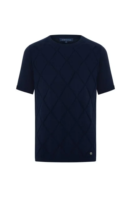 Saf Pamuk Argyle Örme Desen Bisiklet Yaka Lacivert Triko T-Shirt